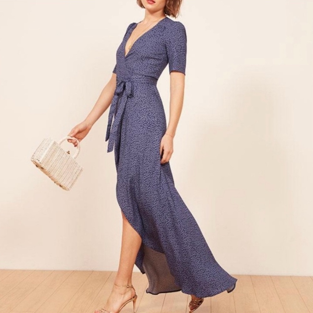Reformation Blue High Low Wrap Dress